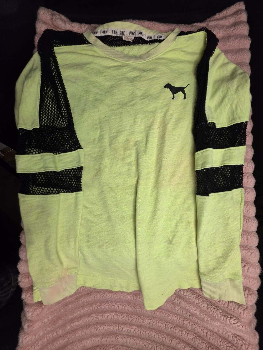 Victoria's Secret PINK Neon Yellow Long Sleeve Varsity Crew Shirt with Mesh Slee